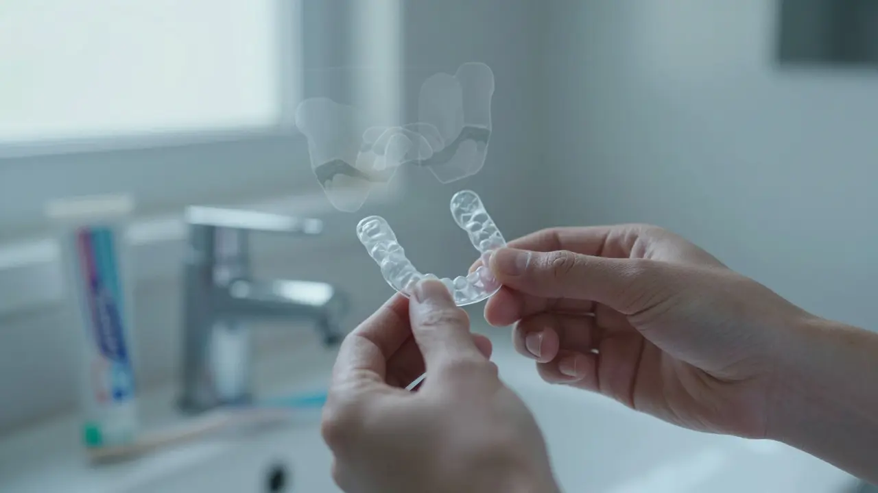 Ruka vkládá retentor do úst, s jemnými stíny posunutých zubů za ním, v koupelně.