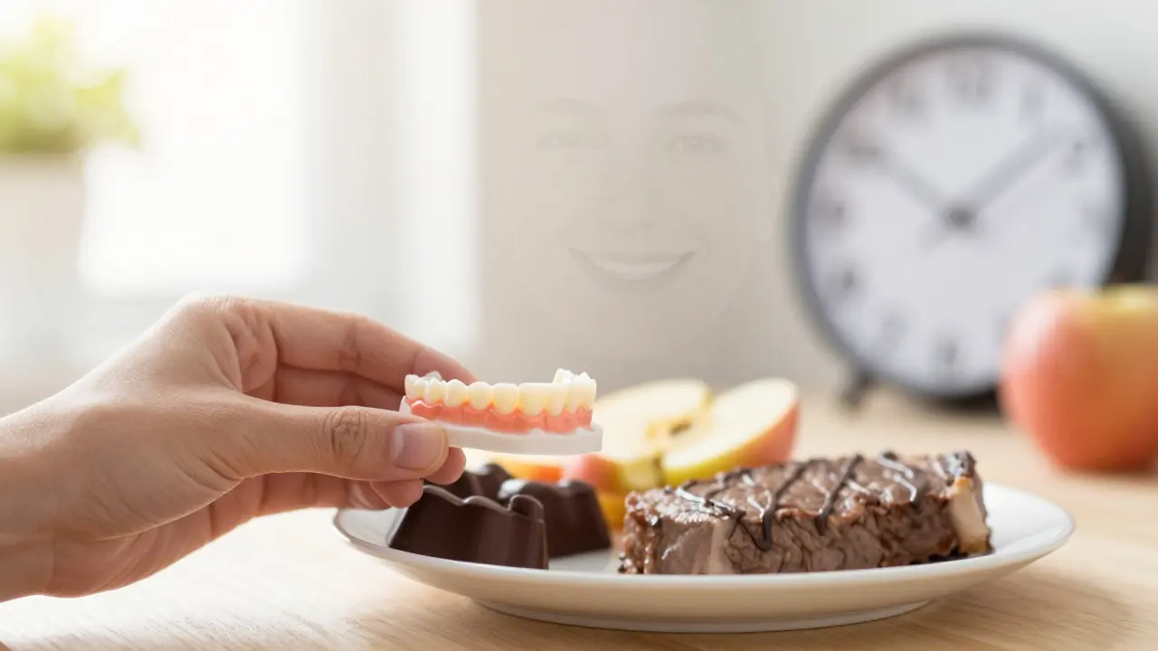 Rukou držená zubní protéza vedle potravin, symbolizující ztrátu a obnovu jídla.