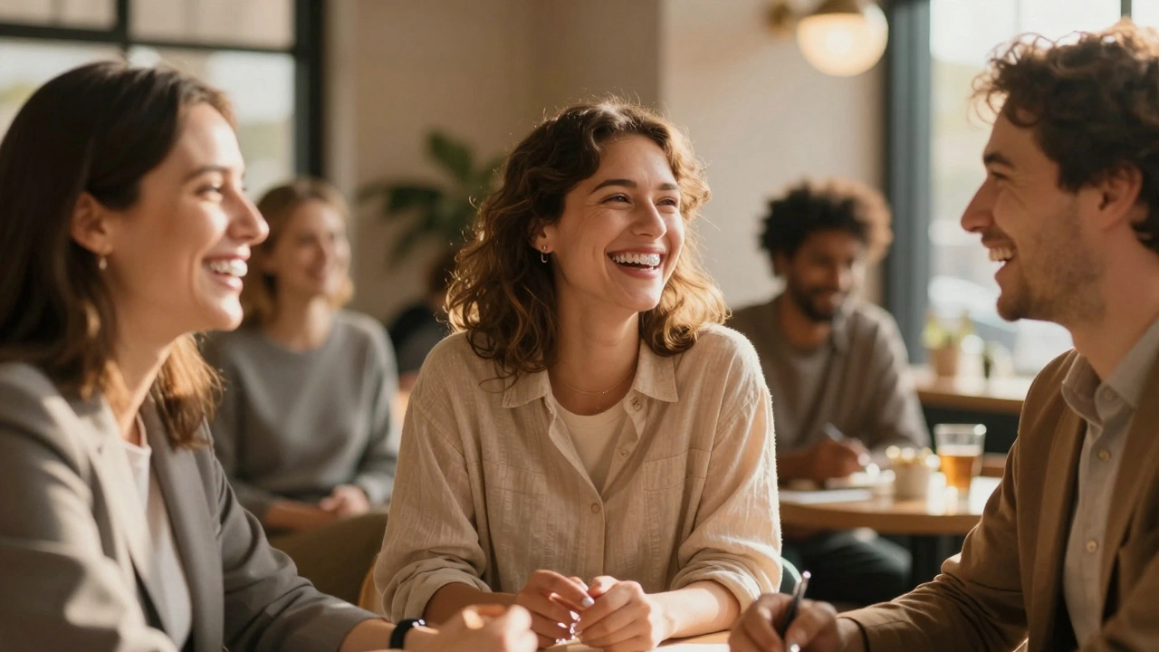 Skupina dospělých se směje v kavárně, všichni s neviditelnými rovnátky.