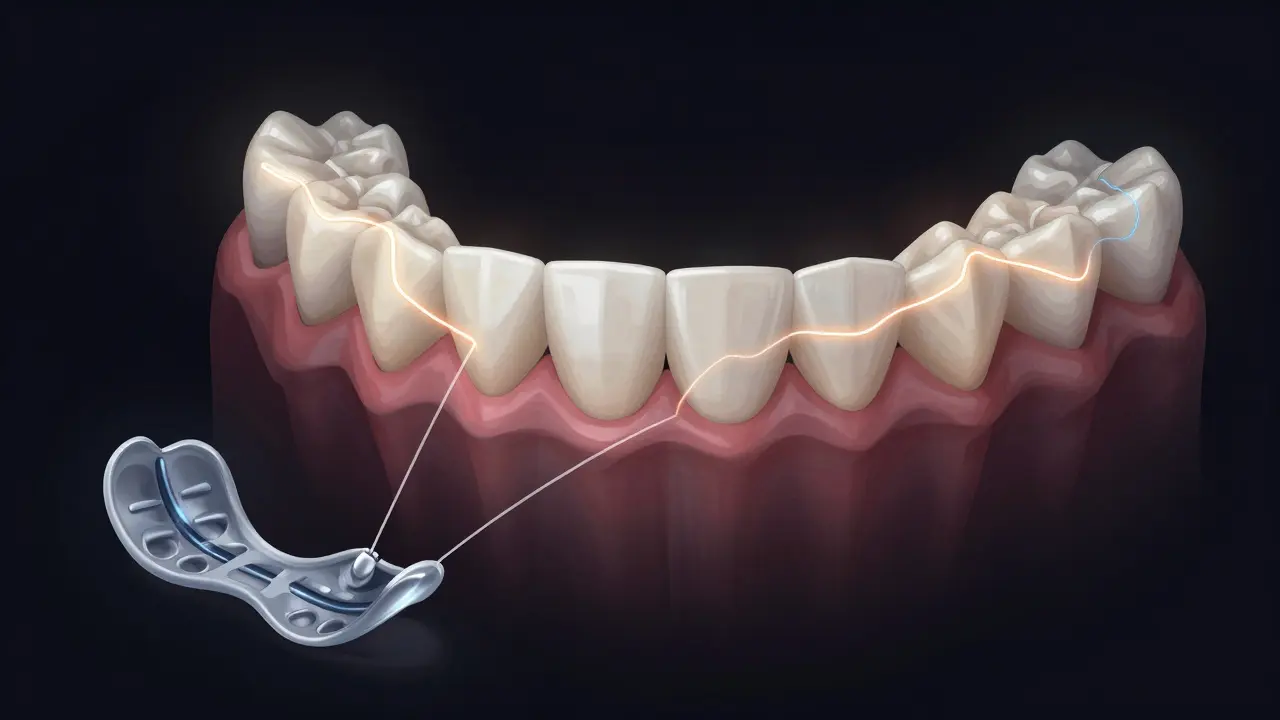 Symbolická ilustrace zubů, jejichž poloha se vrací zpět díky vazbám, znázorňujícím recesi.