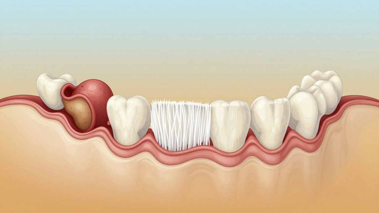 Vnitřní průřez čelisti ukazující postupné hojení kosti po operaci.