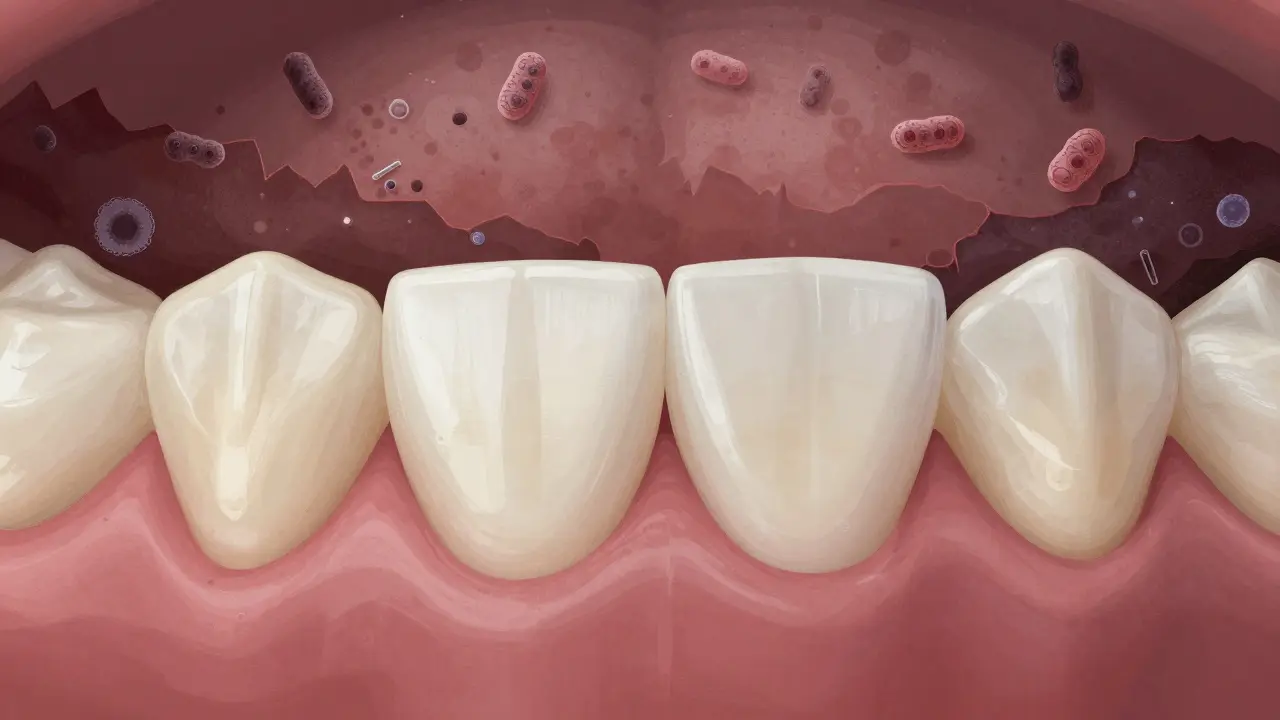 Zdravé zuby vedle zubů pokrytých tvrdým zubním kamenem s bakteriemi.