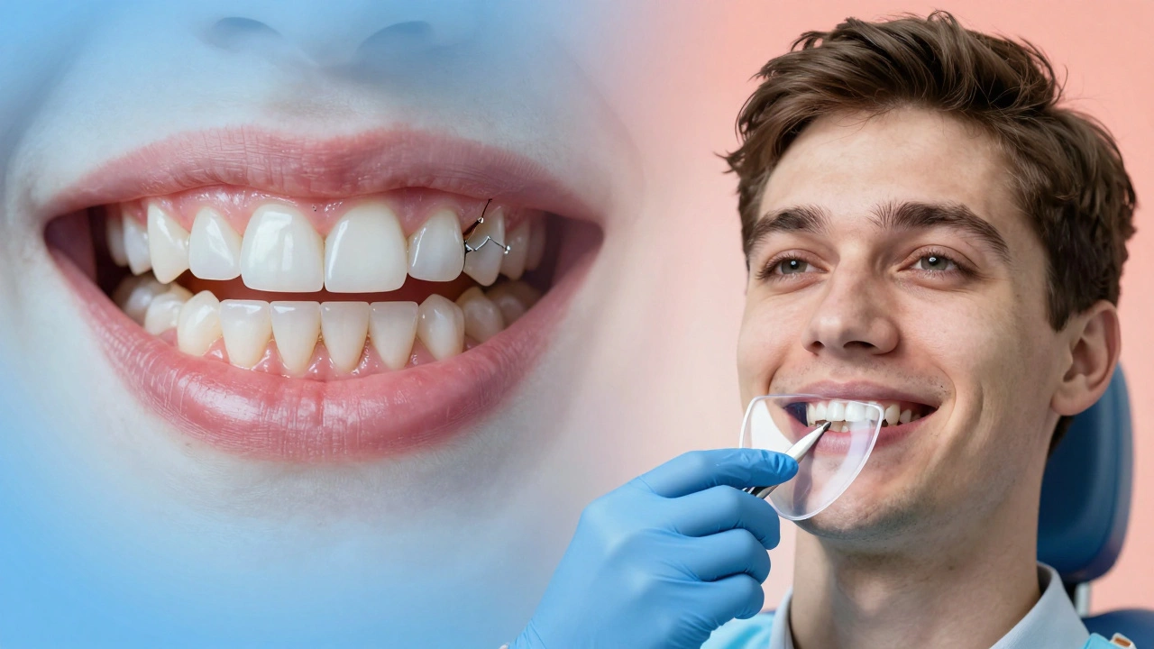 Zubař chrání dásně pacienta při profesionálním bělení, za nímž je vidět rozdíl mezi zdravými a poškozenými zuby.