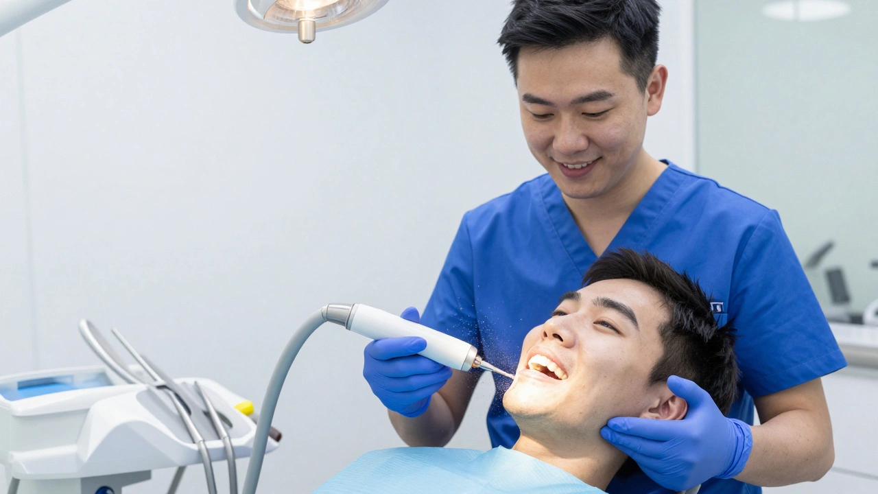 Zubní hygienistka odstraňuje pigmenty pomocí proudu prášku.