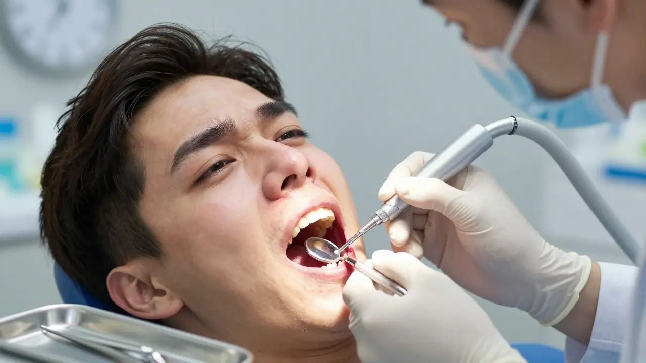 Zubní lékař odstraňuje absces u pacienta s otokem tváře.