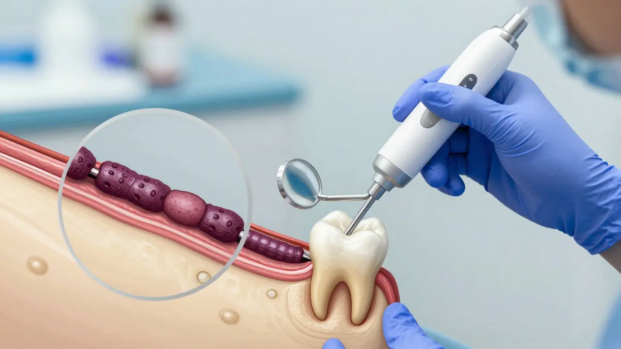 Zubní lékař odstraňuje kámen pod dásní ultrazvukovým nástrojem