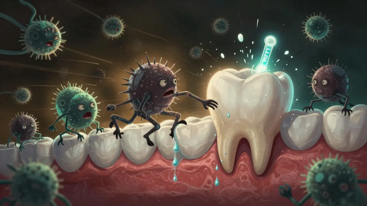Bakterie útočí na zubní sklovinu, zatímco fluorid chrání zub.