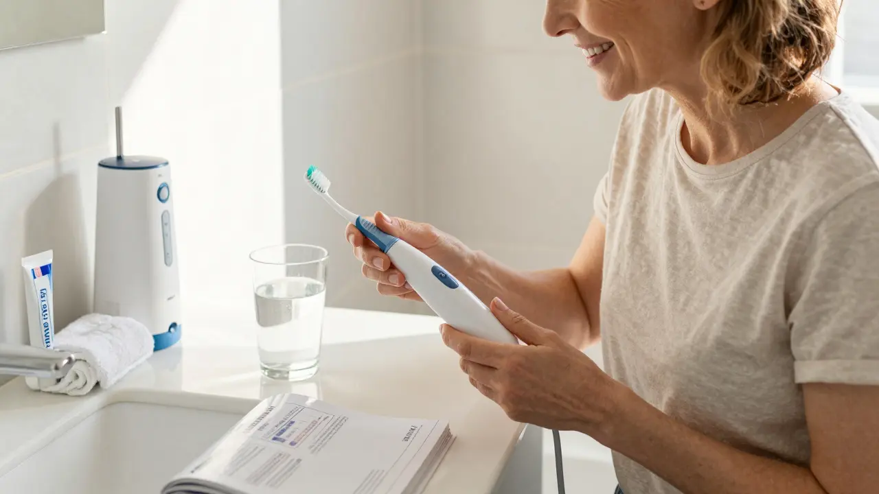 Česká žena s ultrazvukovým čističem zubů v koupelně, doprovázena destilovanou vodou a kartáčkem.