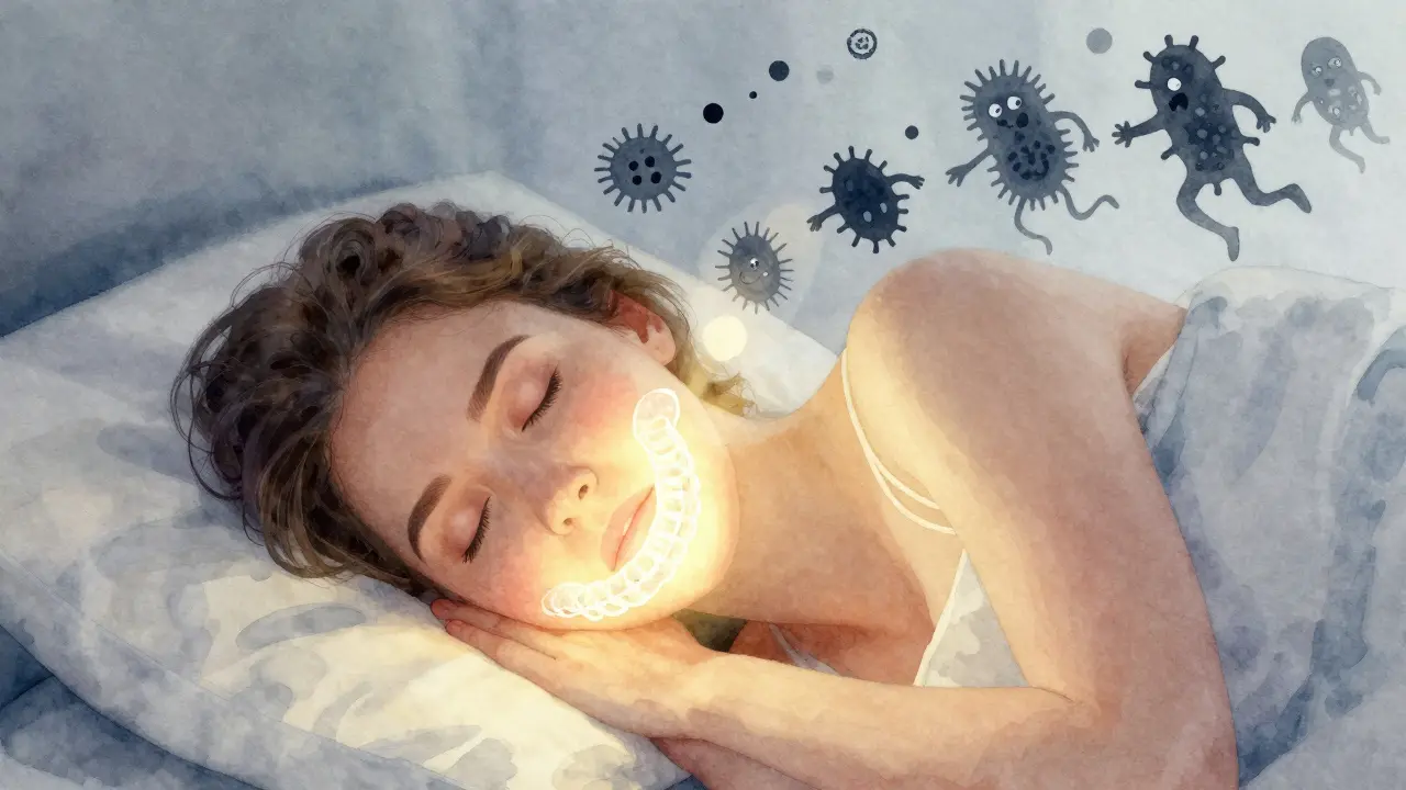 Člověk spí s průhlednými ortodontickými šablonami, z jeho úst vychází jemné světlo, které odzvěcuje zdraví.