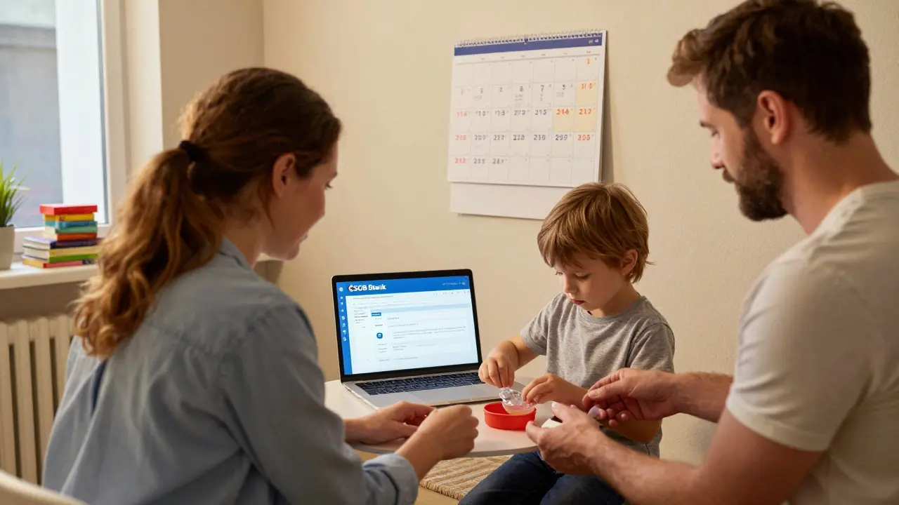 Czech family helping child with retainer in home setting
