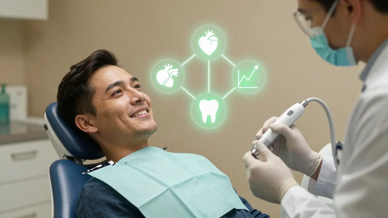 Diabetik na zubním křesle podstupuje hluboké čištění s vizuálním spojením zdraví.