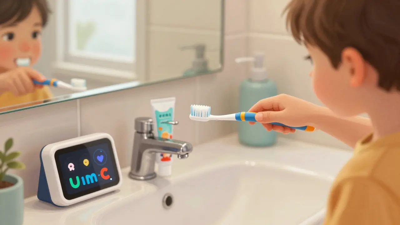 Dítě čistí zuby spolu s rodičem v koupelně, na kartáčku je oblíbený hrdina.