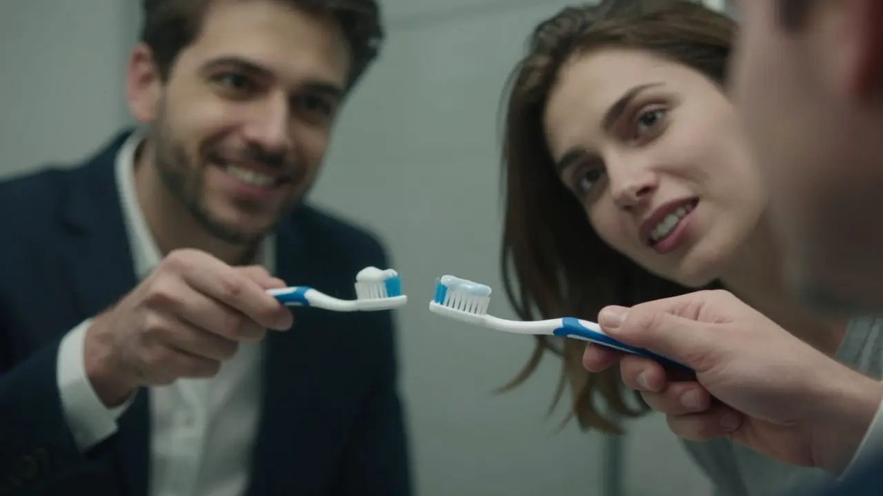 Dvě verze člověka v zrcadle: jedna s čistými zuby, druhá s černým kamenem.