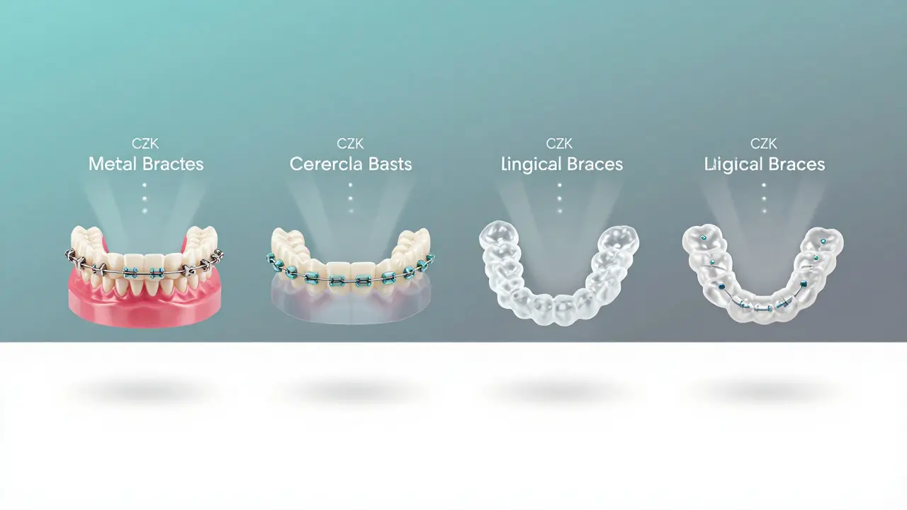 Four types of dental braces displayed side by side with visual distinctions