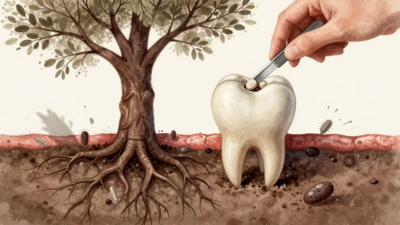 Konceptuální obrázek zubu jako stromu s rozpadajícími se kořeny kvůli zubnímu kamenu.