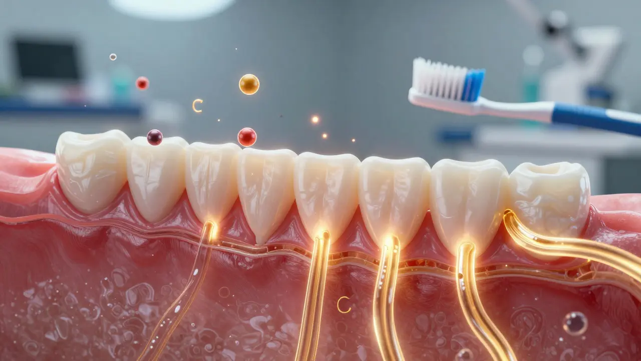 Křížový řez dásní s viditelným kolagenem a vitamíny C, D a K ve tkáni, ilustrující jejich podporu zdraví úst.