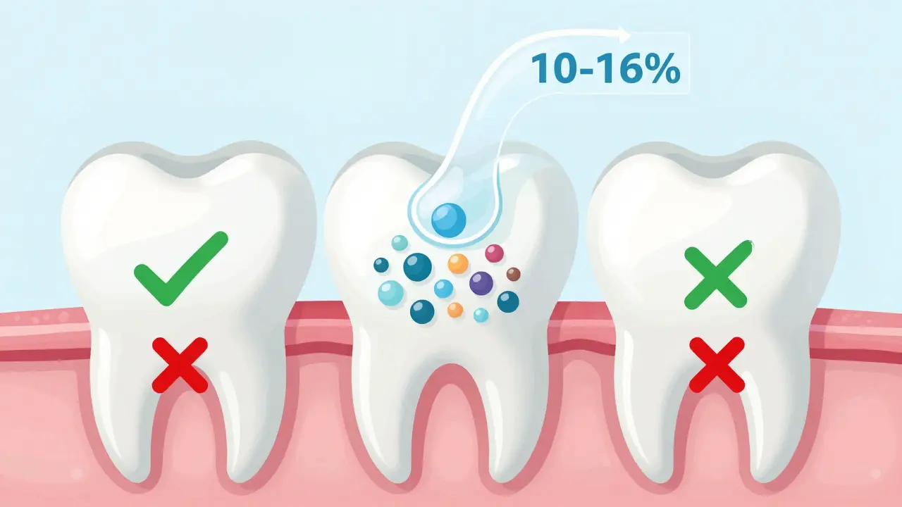 Křížový řez zubu s bělícím gelem rozkládajícím pigmenty v emalí.