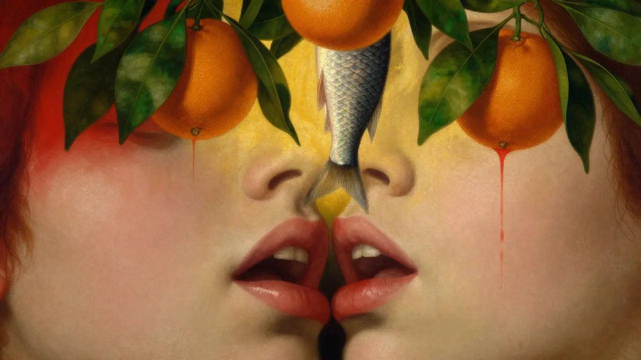 Lidé s krvácením dásní, kde krev se mění v listy, citrusy a ryby, symbolizující hojení přes výživu.