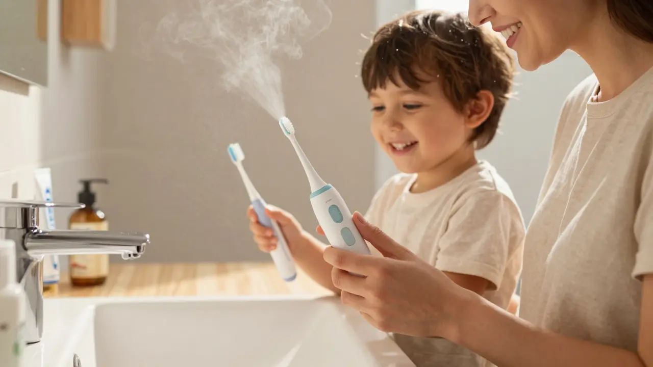 Matka a dítě společně používají ultrazvukové čističe zubů v osvěžené koupelně, oba se usmívají.