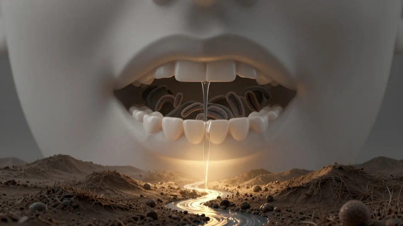Metaphorical landscape of teeth and gums being healed by antimicrobial flow.