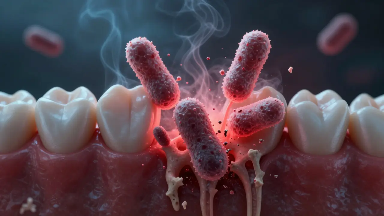 Mikroskopické bakterie ničí kost pod dásněmi, zánět se šíří jako kouř.