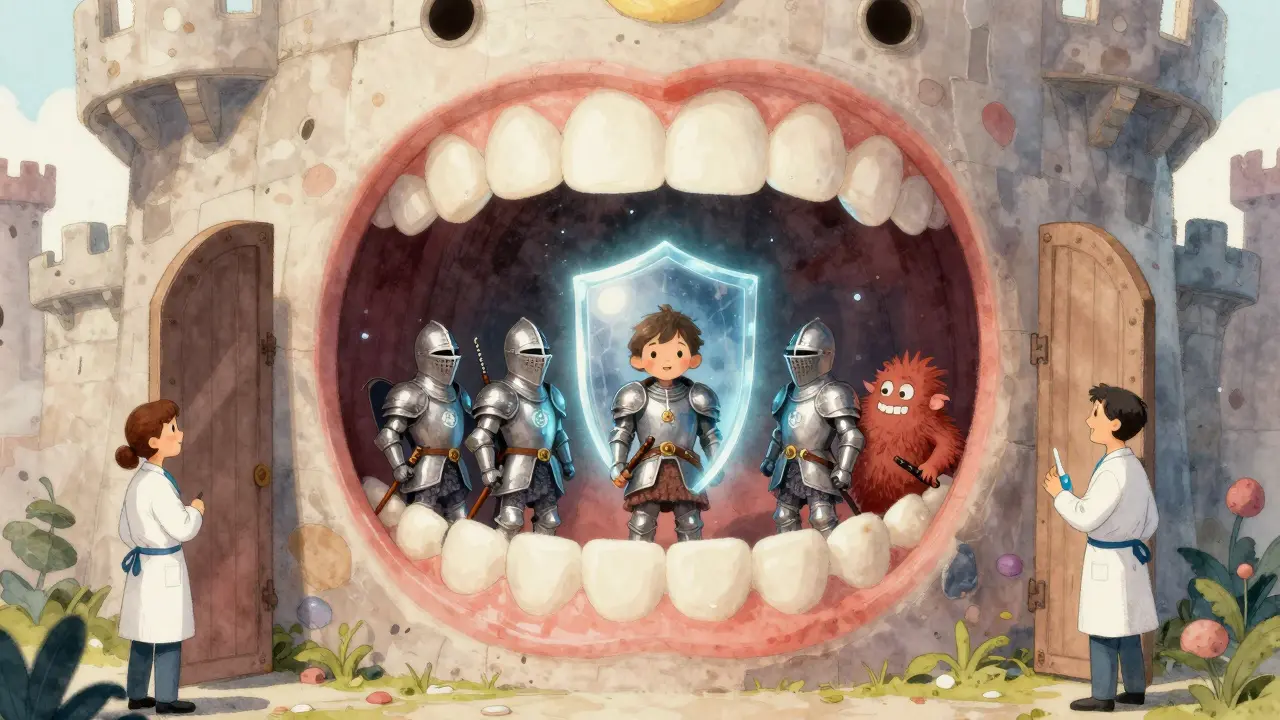 Mléčné zuby jako rytíři brání zubní hrad proti cukerným goblinům.