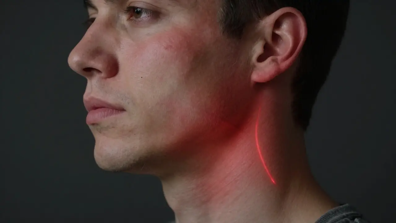 Obličej s mírným otokem a červenou čárou označující šíření infekce