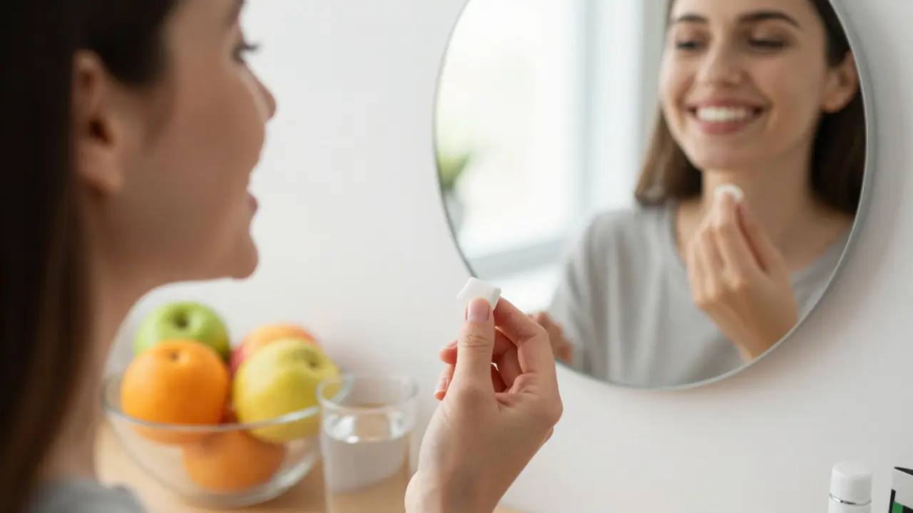 Osoba pláchnoucí ústa ústní vodou po jídle, v zrcadle viditelné zdravé zuby a dásně.