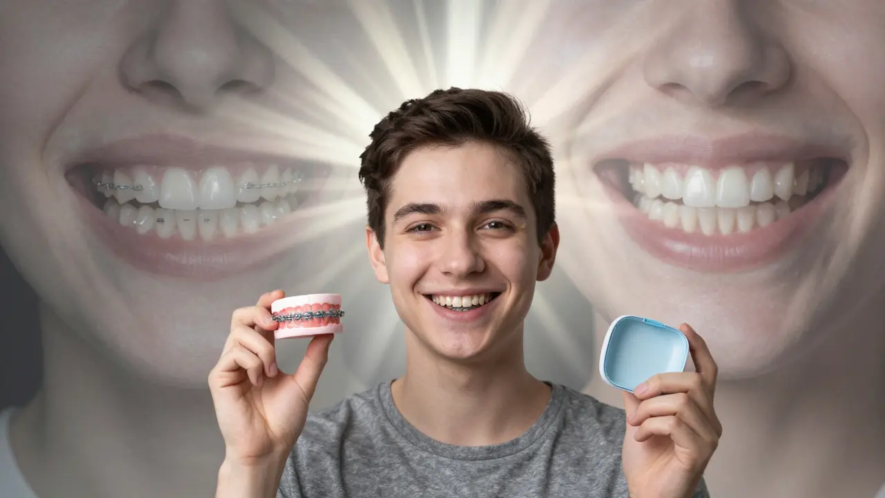 Osoba se směje s rovnátky, drží kabel s reténčem a zubním potřebami.