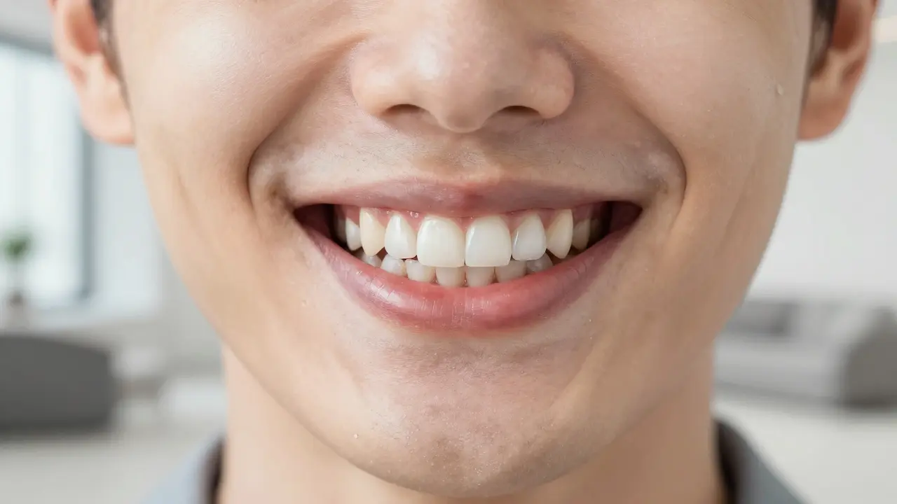 Osoba se usmívá s dokonalým úsměvem, kde korunka skrývá křivý zub.