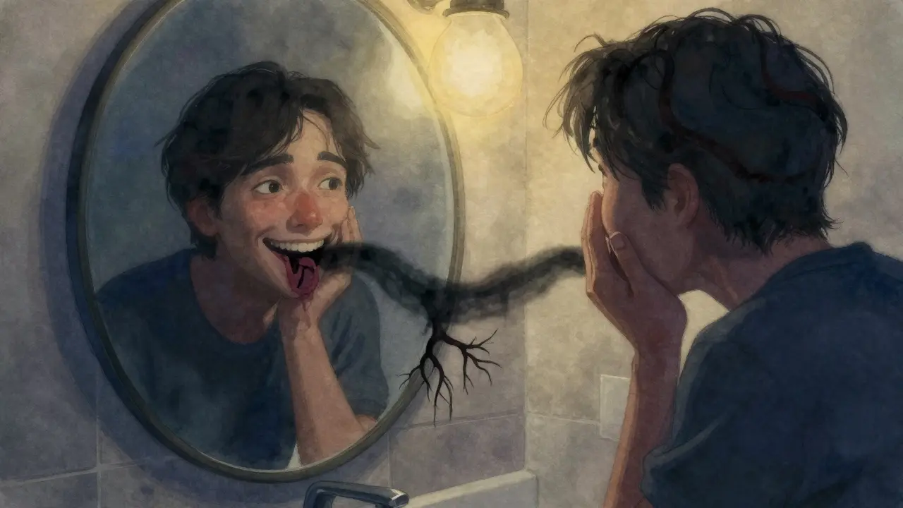 Osoba se zadrženým úsměvem před zrcadlem s tmavým nánosem na zubech.