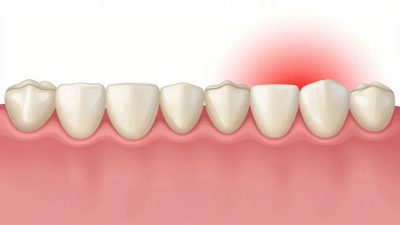 Porovnání svěžího plaku a zubního kamene na zubech s příznaky zánětu dásní.