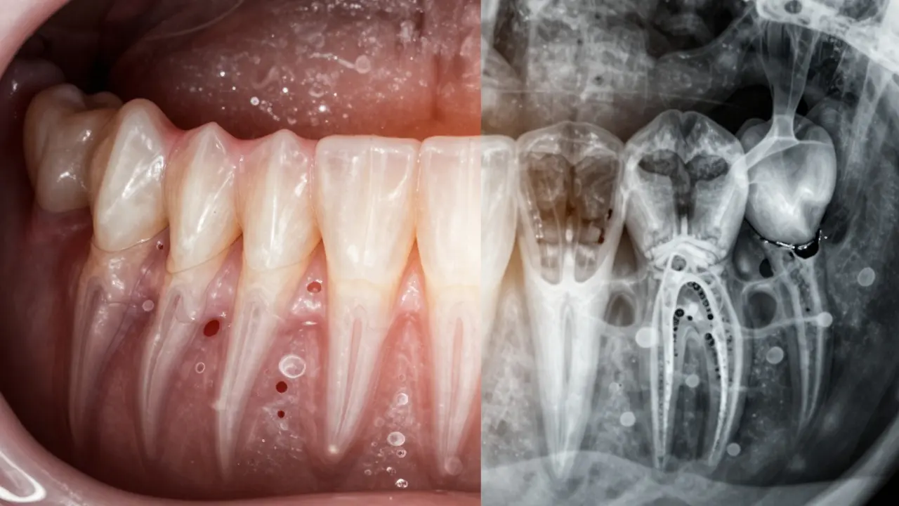 Porovnání zdravé a poškozené dásně a kosti v jedné kompozici.