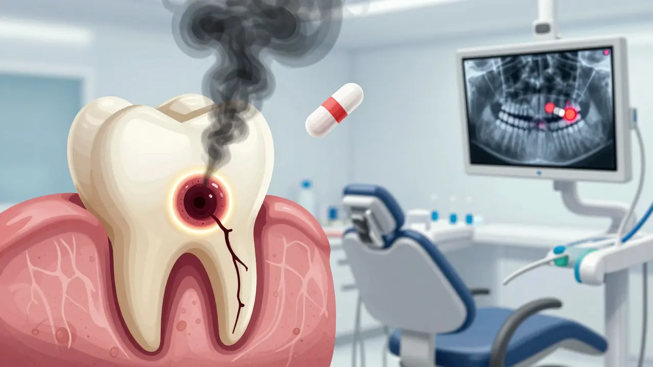 Poškozený zub s infekcí šířící se do čelisti, antibiotikum bezúčinně visí v pozadí.