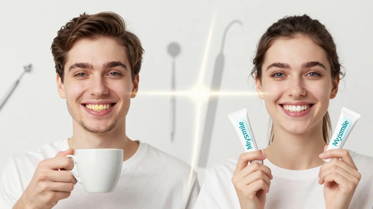 Před a po bělení zubů: stejná osoba s tmavšími a světlejšími zuby.