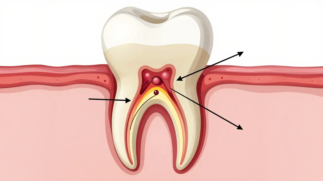 Příčina zánětu zubu: bakterie šířící se z dutiny zubu do kořene a kosti.