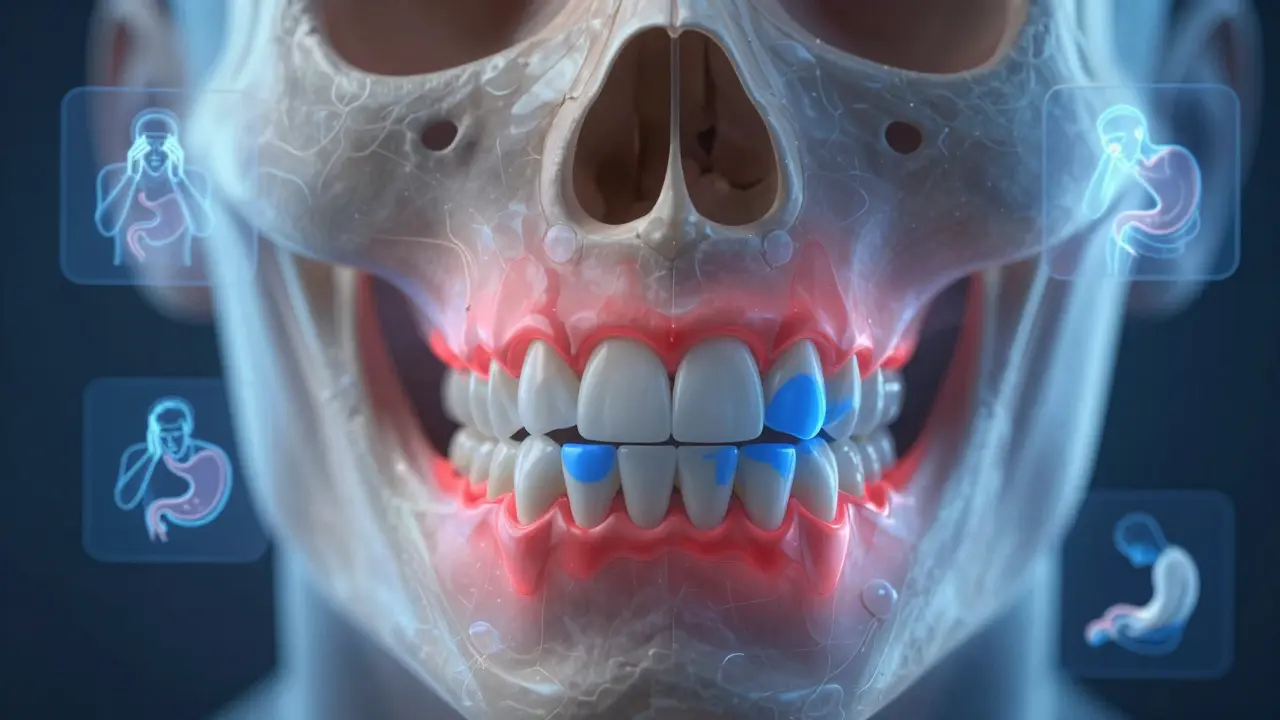 Průřez čelistí s označenými přetíženými a podvytíženými zuby, spojenými se zdravotními problémy.