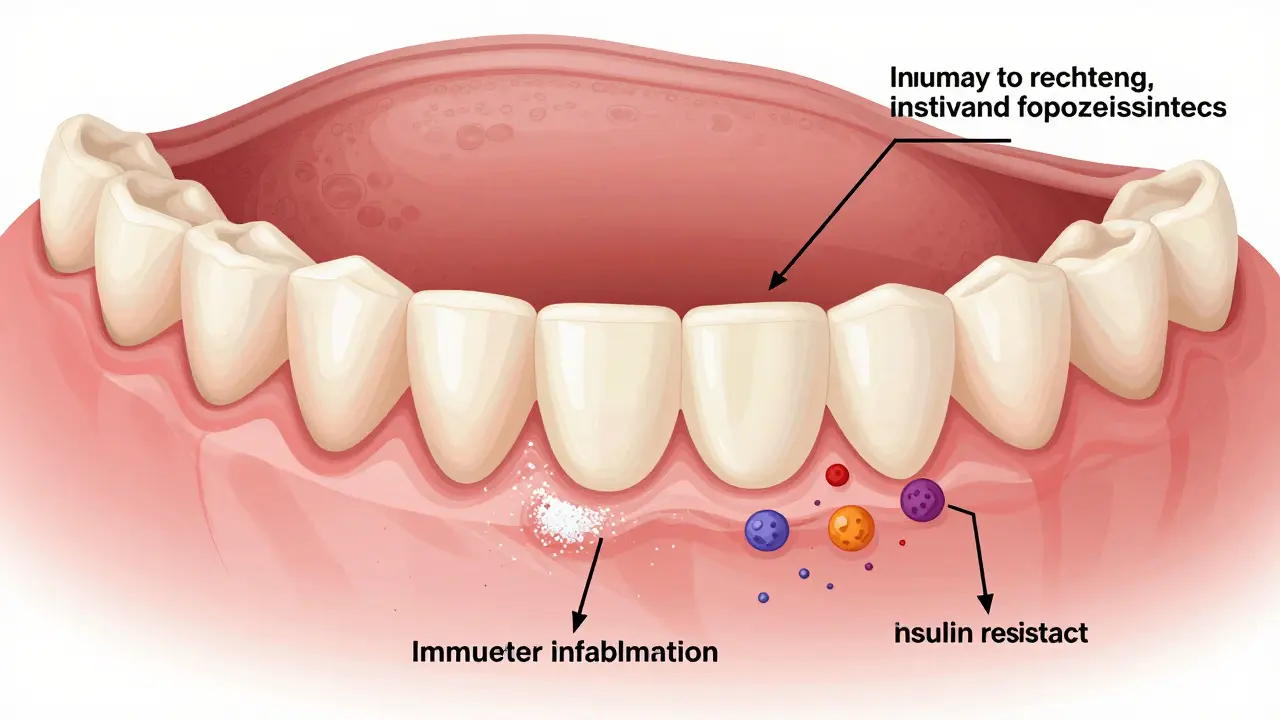 Průřez úst s porovnáním zdravých a zánětlivých dásní u diabetika, s bakteriemi a cukrem ve slinách.