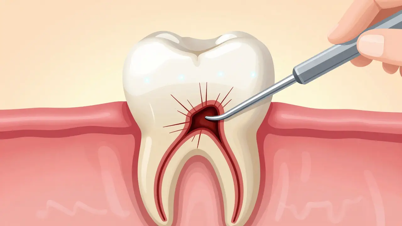 Průřez zubu s kazem šířícím se k nervu, znázorněný jako medicínský diagram.