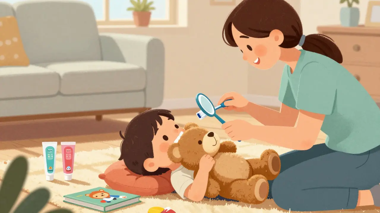 Rodič a dítě hrají zubaře doma s medvídkem a zubní kartáček.