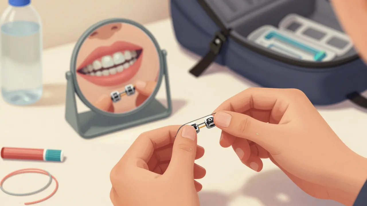 Ruka připevňuje elastiky na rovnátka, zrcátko a nástroje na stole.