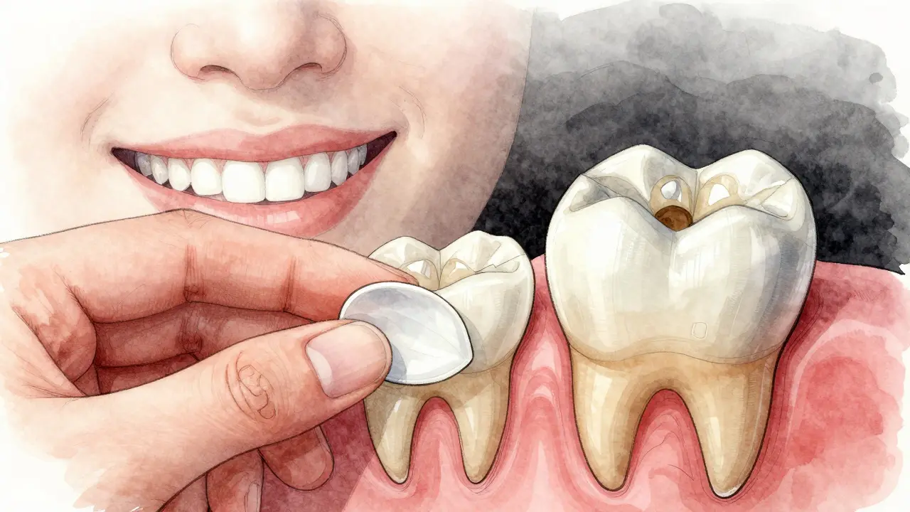 Rukou držená tenká keramická fazeta na přirozeném zubu, vedle ní tlustší korunka na poškozeném zubu – vodové kreslení.