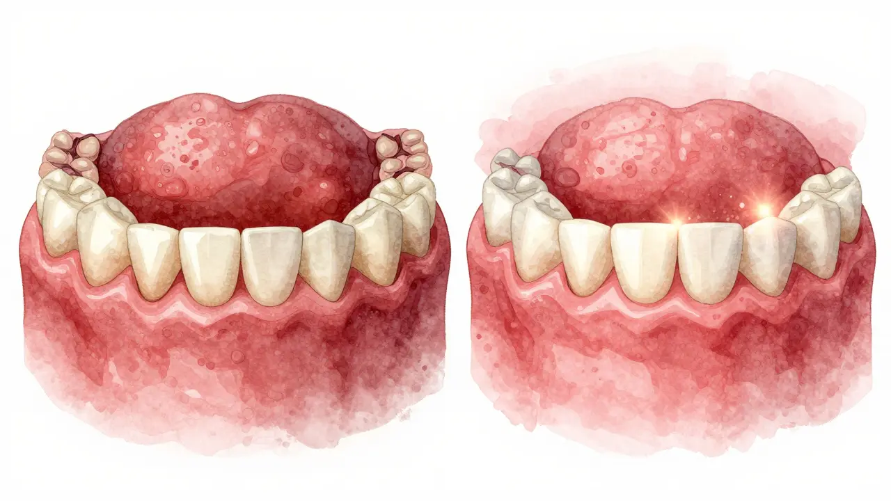 Side-by-side comparison of inflamed gums versus healthy gums after treatment.