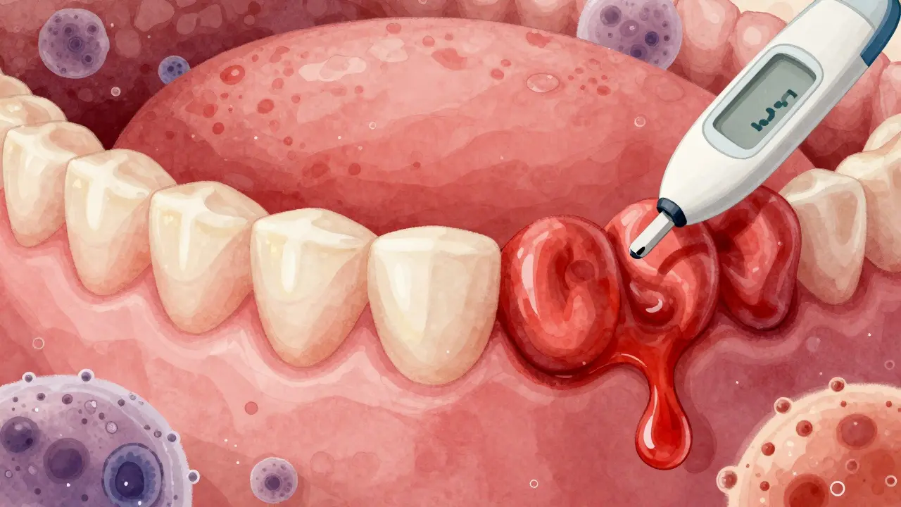 Srovnání zdravých a zánětlivých dásní s bakteriemi a cukrem.