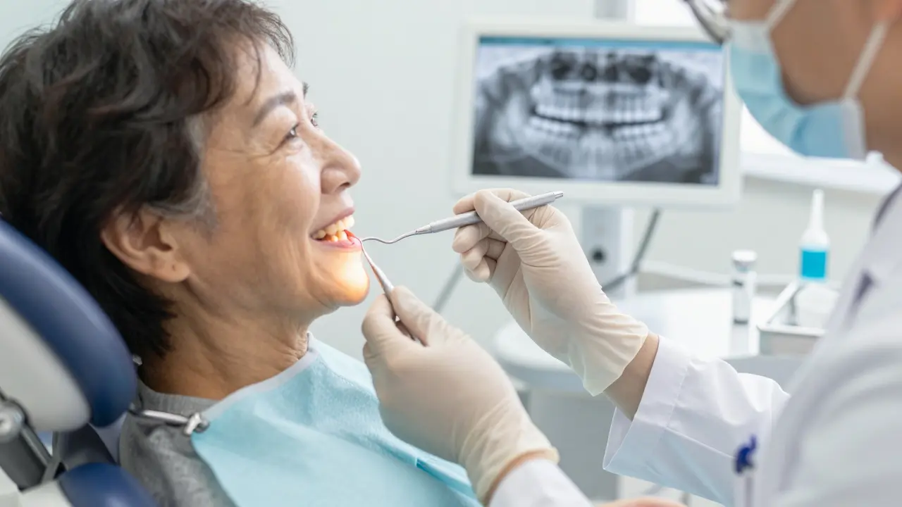 Stará žena s diabetem během zubní prohlídky, zubní lékař měří hloubku vřídku.