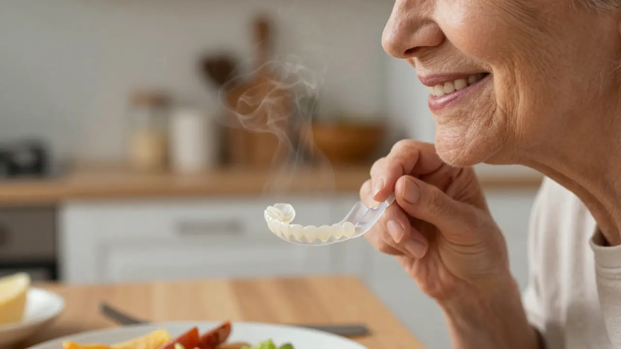 Starší osoba se směje při jídle s dobře upevněnou zubní protézou.