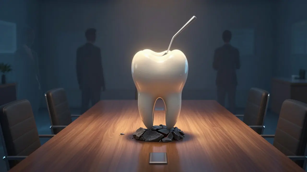 Symbolická představa zubního kamene, který odstraňuje důvěru v profesionálním prostředí.