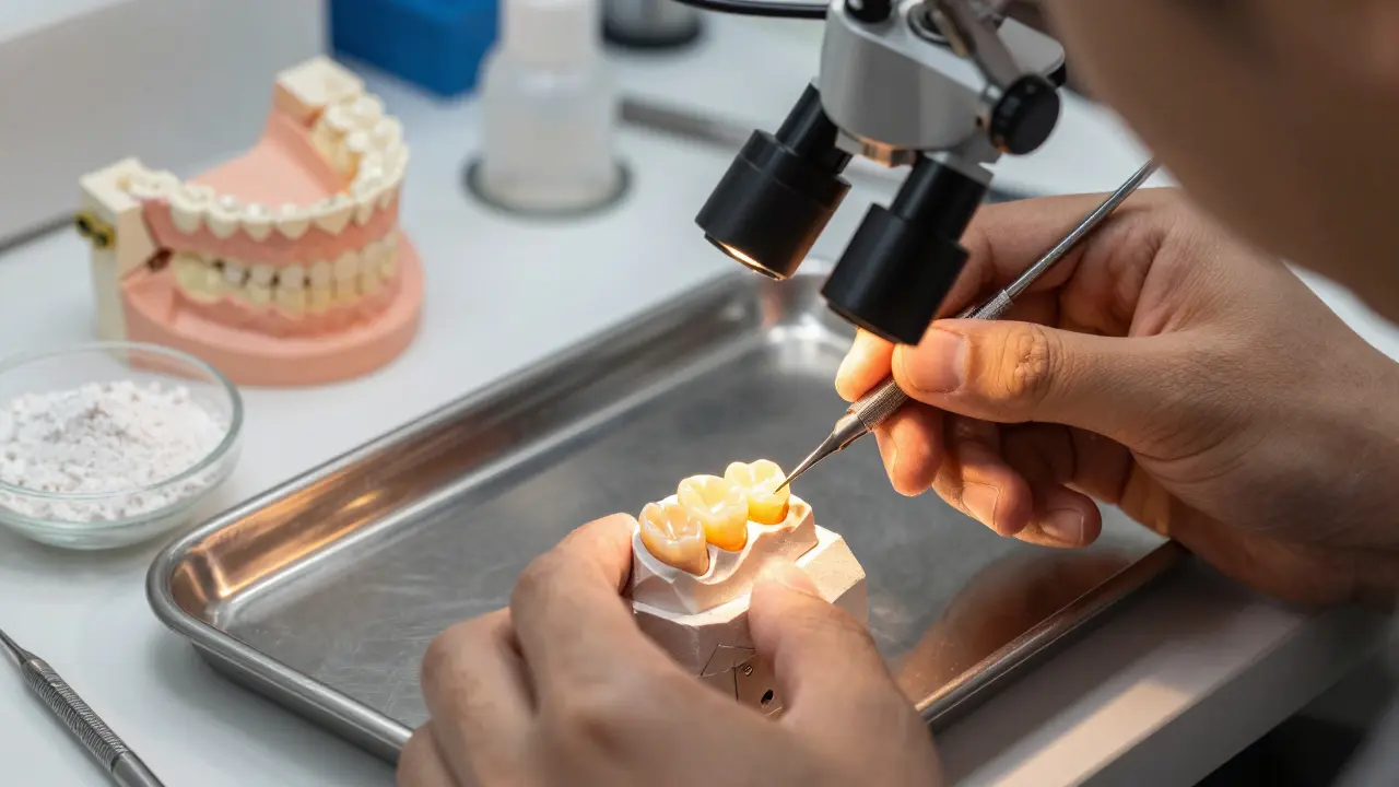 Technik v zubní laboratoři kontroluje keramickou korunku pod lupou.