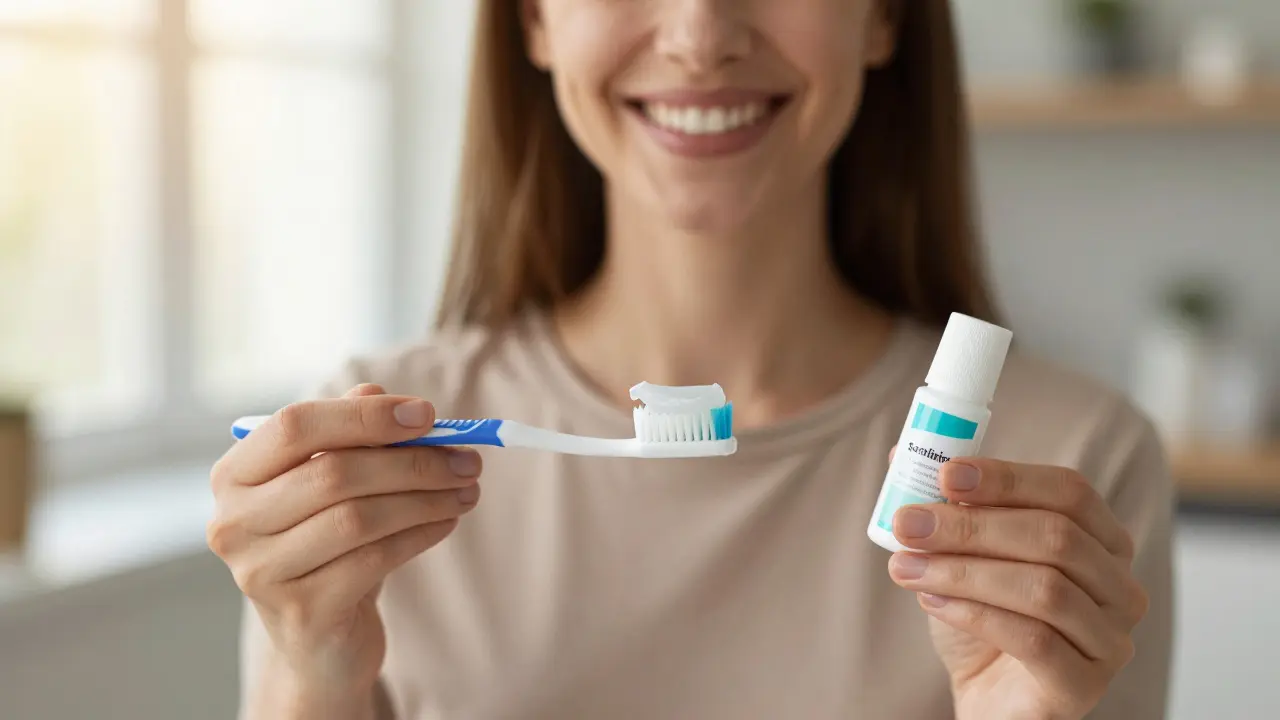 Žena drží porovnání před a po bělení zubů s běžnými péčovými produkty.