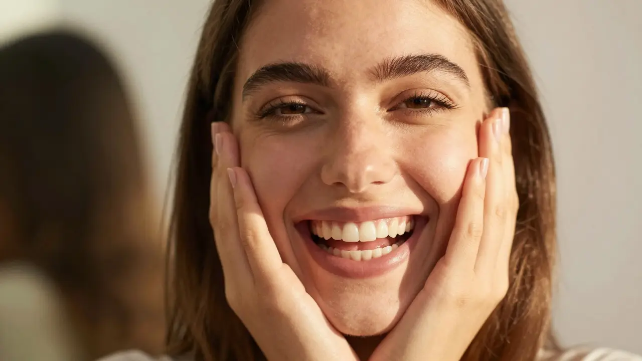 Žena se směje, odhaluje přímé zuby po ortodontické léčbě, výraz radosti a sebedůvěry.